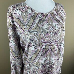 Croft & Barrow Long Sleeve Tee Plus Size 1X Tan Purple White, Paisley
